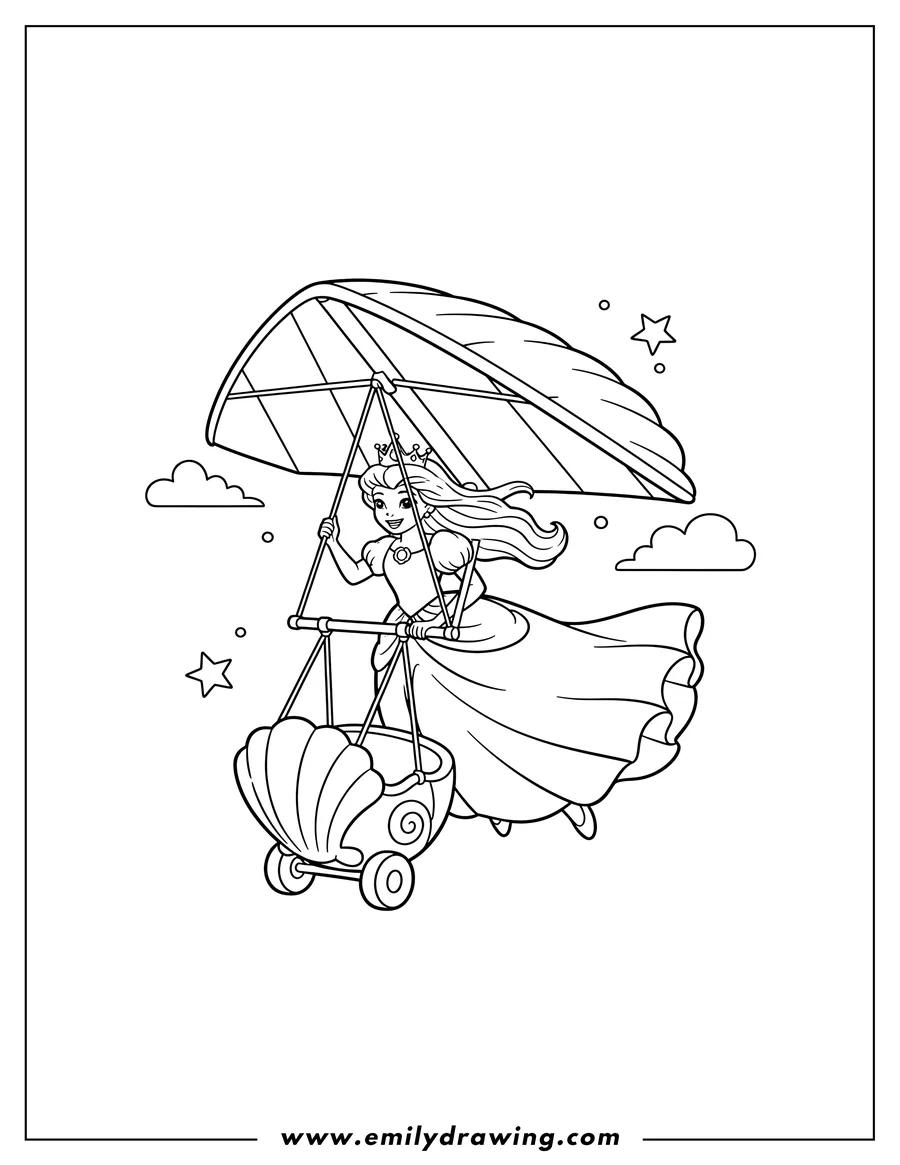 Full page coloring image of laughcreate 21 Scaled, a princess flying a hang glider with a shell-shaped kart