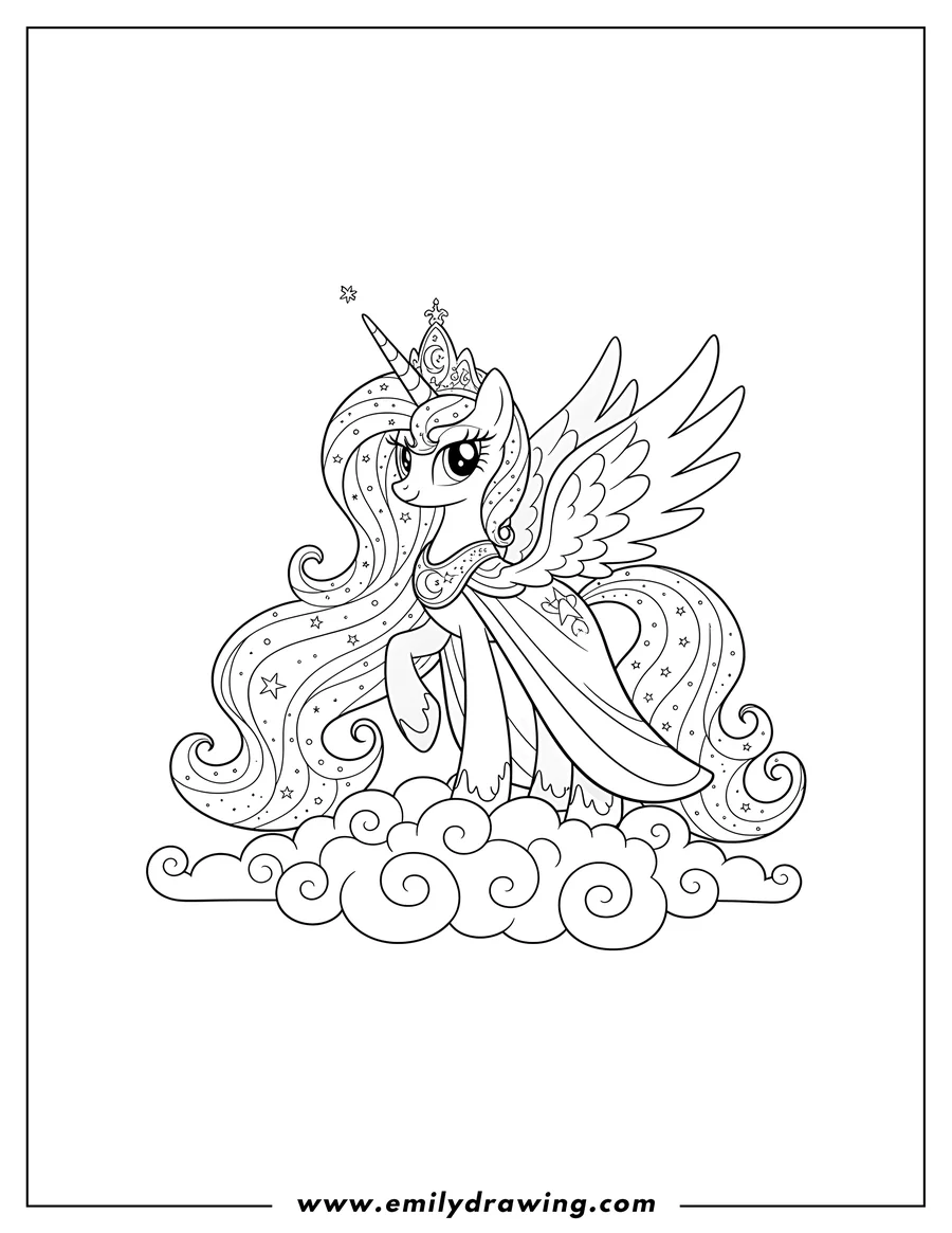 PDF style coloring page: princess Luna standing majestically on clouds, wearing a crown and with a flowing mane and tail