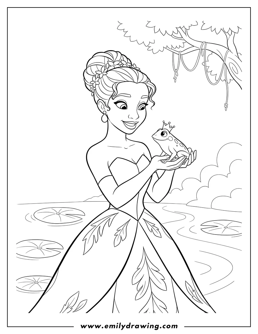 Printable line art of disney S Princess And Frog, Princess Tiana holding and smiling at Frog Naveen