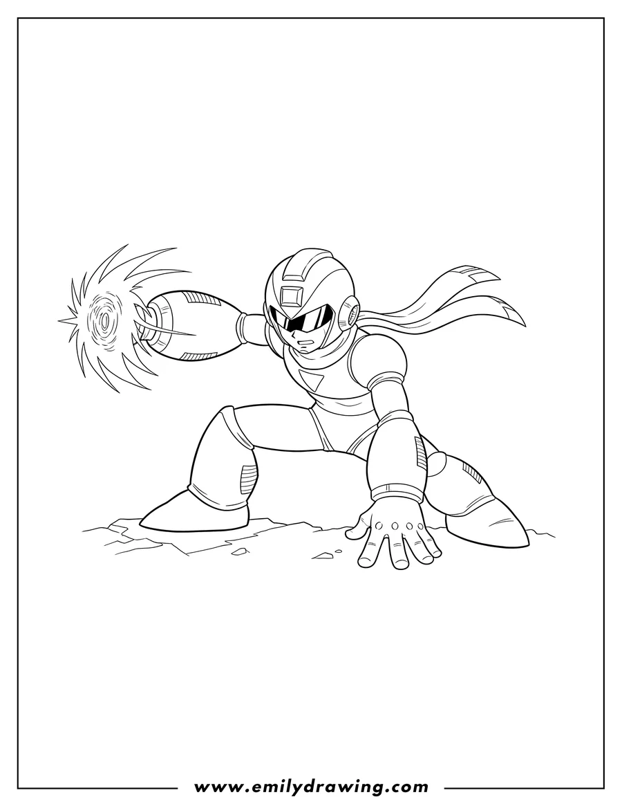 Clean line drawing: proto Man in a dynamic crouch, firing his Proto Buster