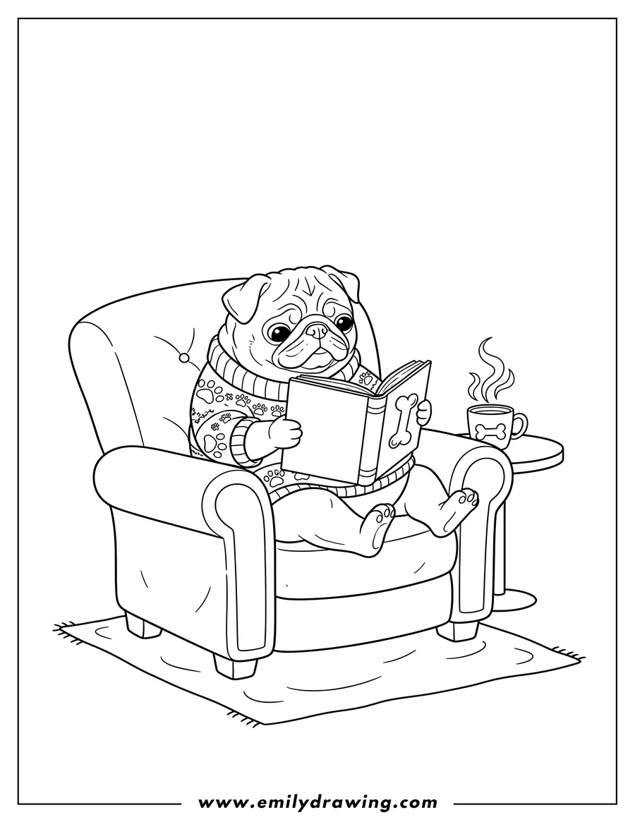 Outline drawing of pug in a sweater reading a book with a bone on the cover in an armchair