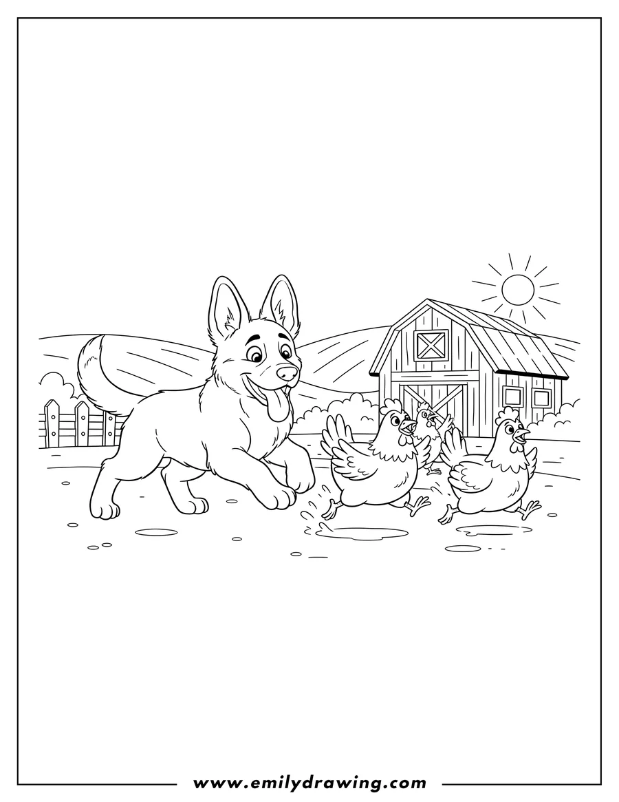 Black and white line art of playful German Shepherd puppy with tongue out chasing chickens on a farm