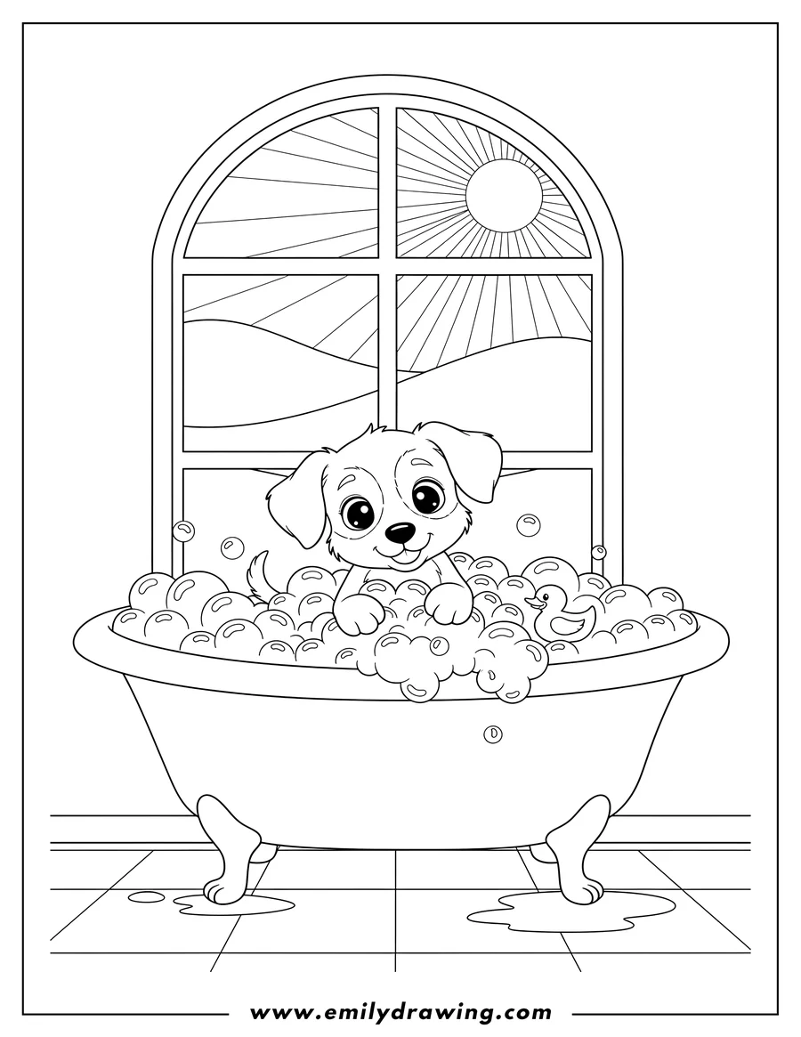 Downloadable coloring page of puppy Sitting Bathtub By Window, peeking over bubbles, with big eyes