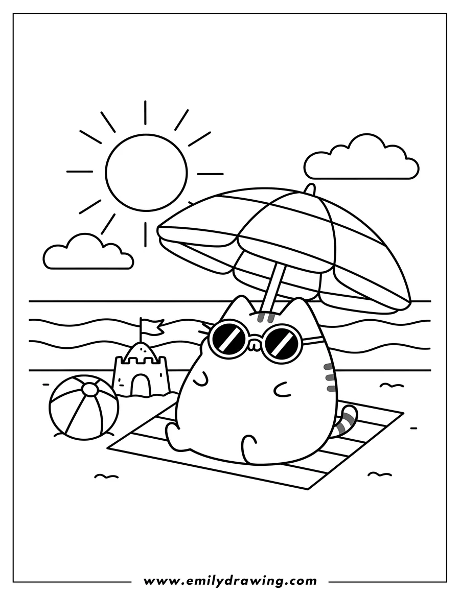 Coloring sheet featuring pusheen wearing sunglasses at the beach with a beach umbrella