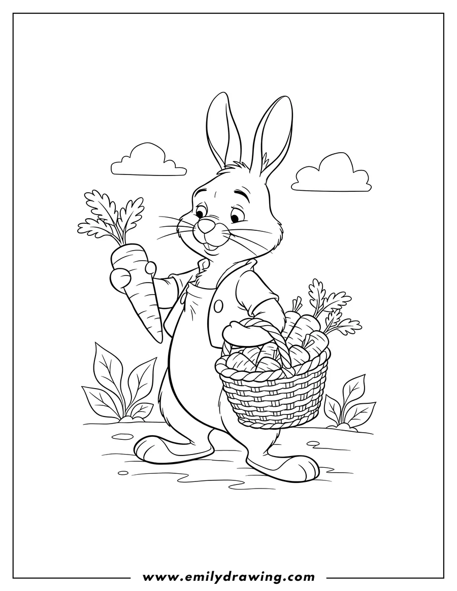 PDF style coloring page: rabbit from Winnie the Pooh holding a carrot and a basket of carrots, coloring page