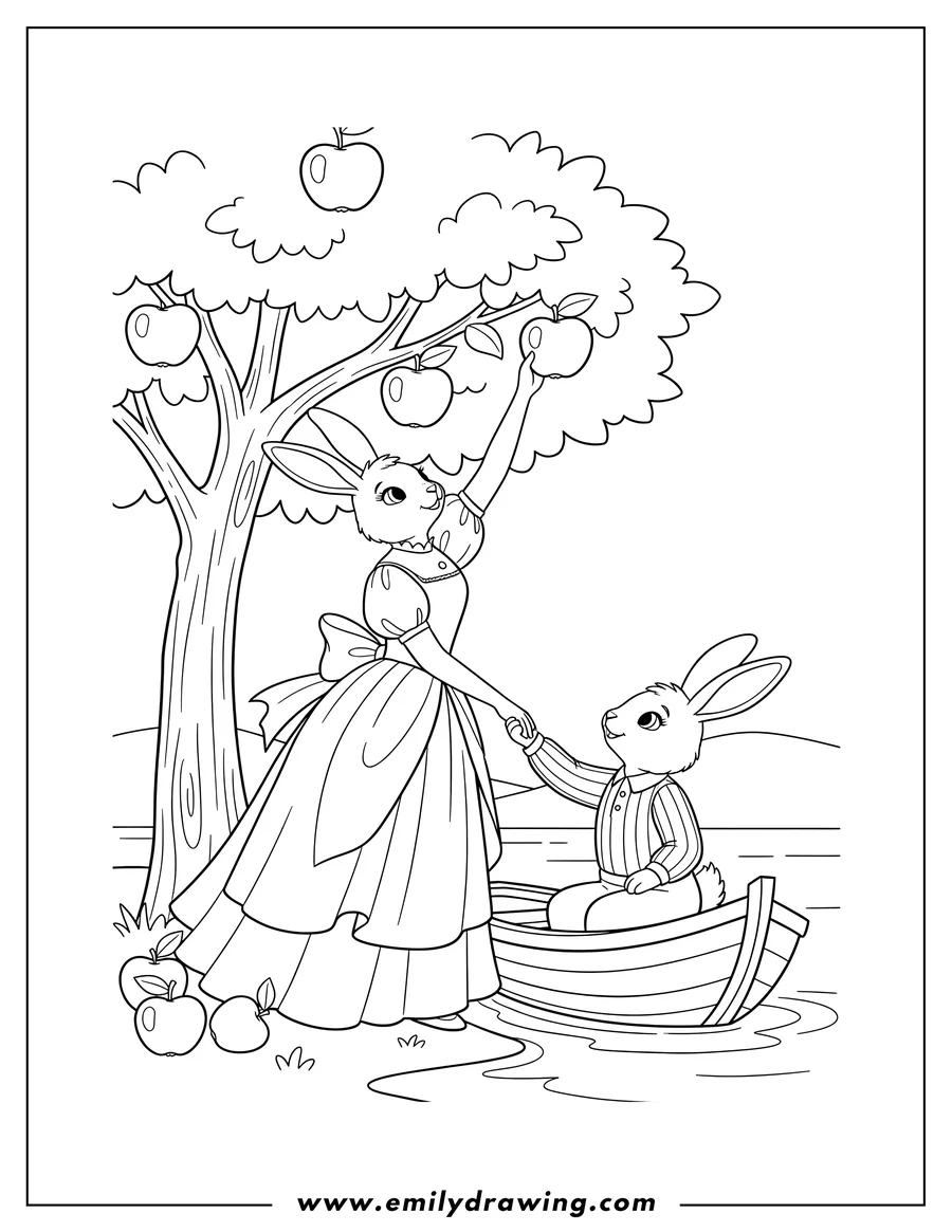 Downloadable coloring page of female Rabbit in a dress reaching up to pick an apple from a tree, while a male rabbit in a striped shirt sits in a boat, holding her hand