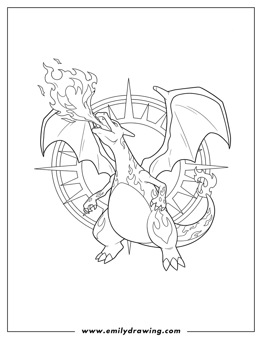 Coloring page of coloring page of Radiant Charizard breathing fire with wings spread on a Pokemon Card
