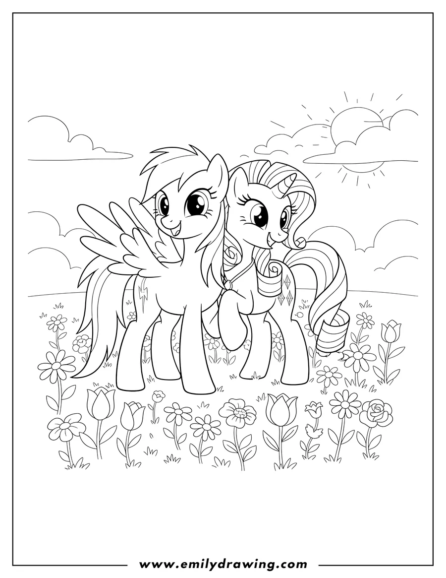 Clean line drawing: rainbow Dash Standing On Flower Field With Rarity, with Rarity leaning against her and smiling playfully