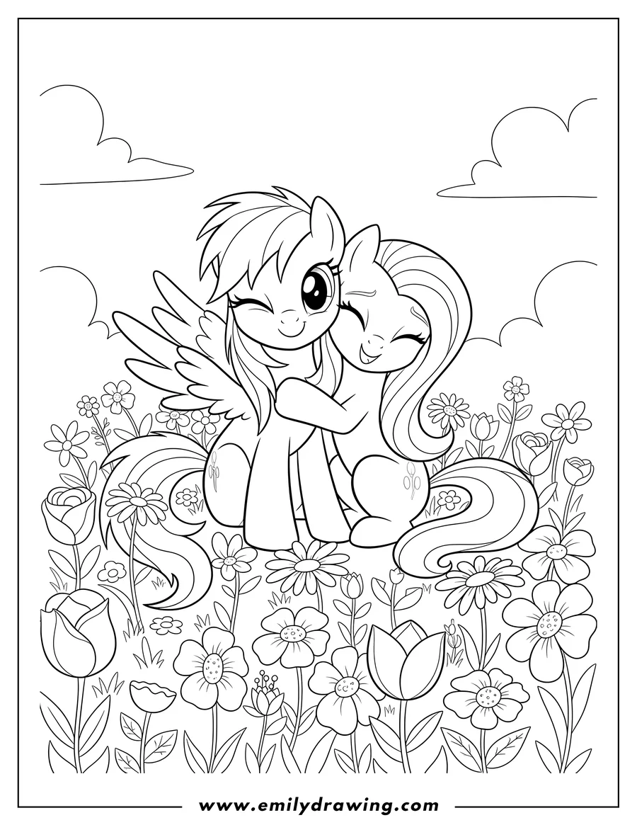 Full page coloring image of rainbow Dash winking and Fluttershy happily hugging while sitting in a flower field