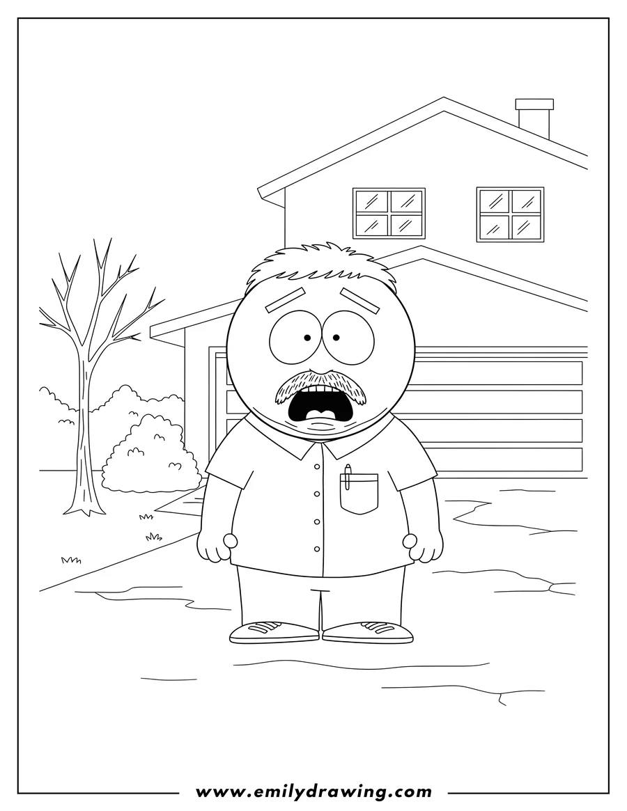 Full page coloring image of randy Marsh standing in his driveway, with a mustache, wearing a collared shirt with a pen in his pocket, and a wide-eyed expression