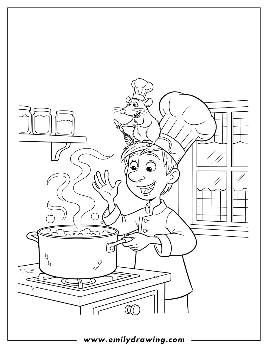 PDF style coloring page: ratatouille Disney, Remy on Linguini's head, stirring a pot