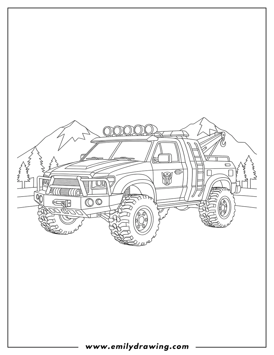 Black and white line art of movie Ratchet as a rugged rescue truck with big tires and roof lights