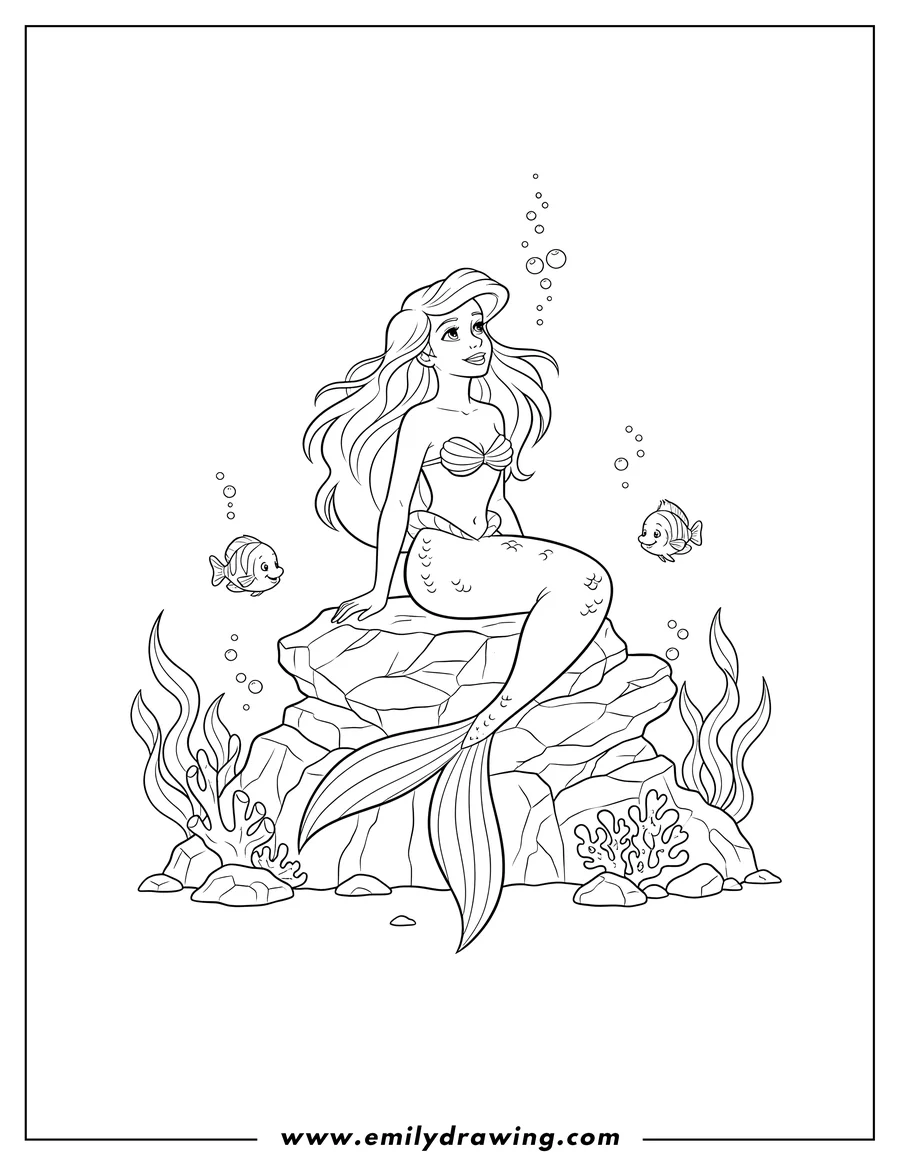 Downloadable coloring page of realistic Ariel Under Sea, sitting on a rock, looking up