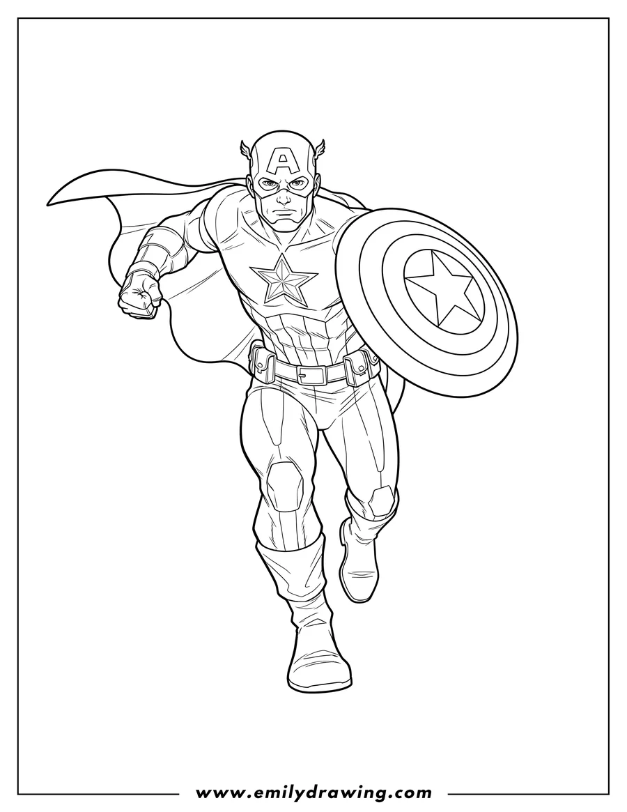 PDF style coloring page: realistic Captain America holding his shield and running forward