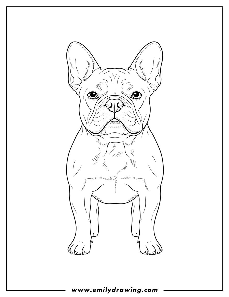 Free to print drawing of realistic French Bulldog standing, facing forward, with upright ears