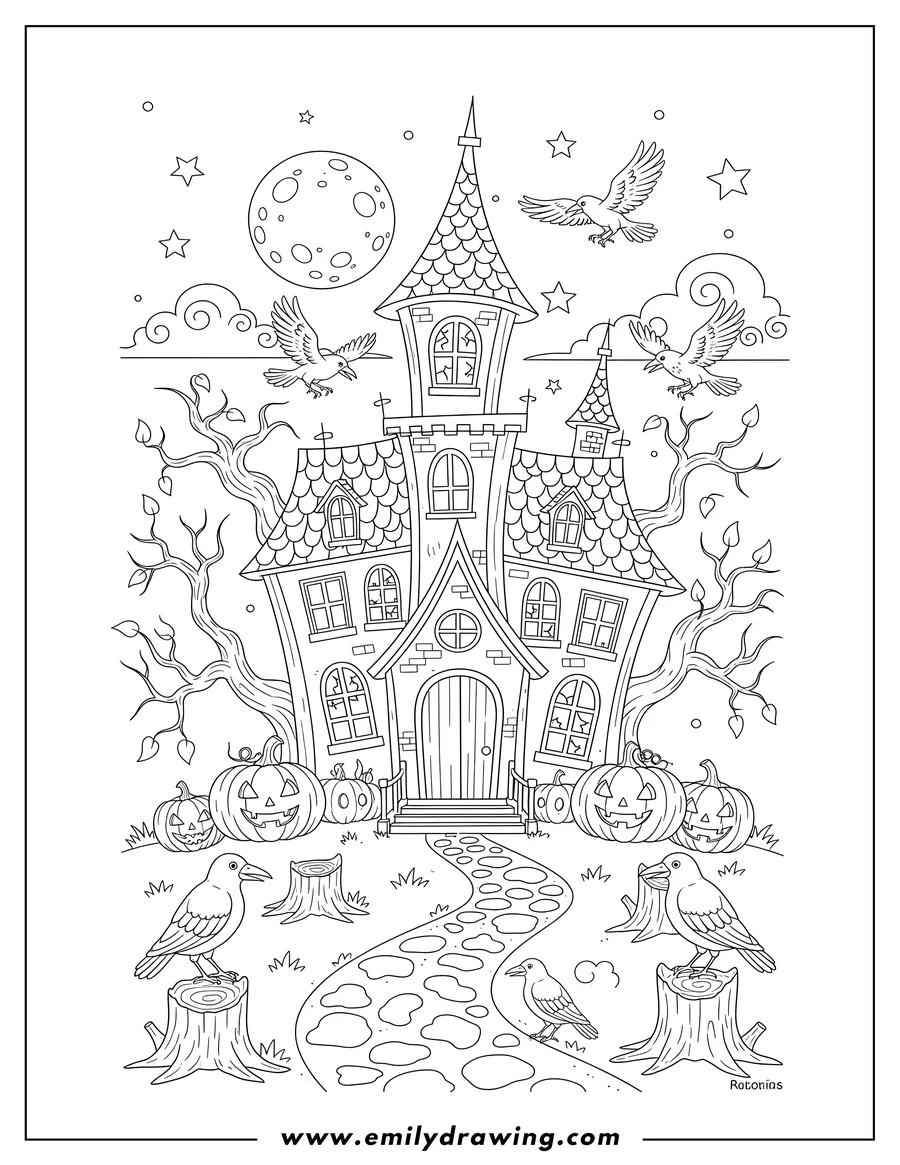 Doodle style coloring picture of realistic Haunted House With Crows On Walkway, flying and perched on stumps, with pumpkins, and a Full Moon Sky