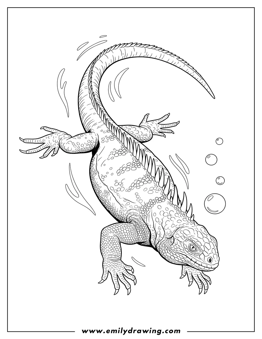 Doodle style coloring picture of **Realistic Iguana Swimming Underwater with a spiky dorsal ridge, swimming downwards at an angle.**