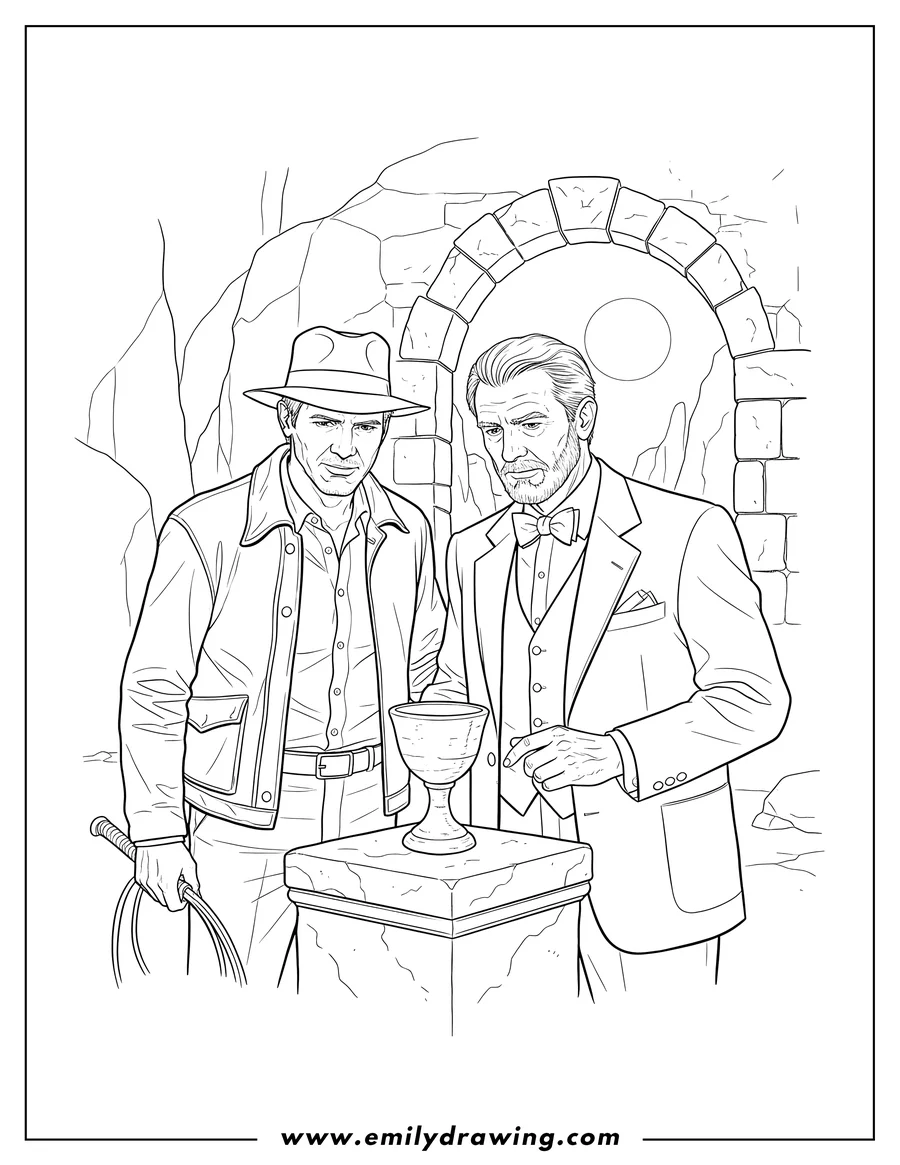 Full page coloring image of realistic Indiana Jones And Last Crusade, with Henry Jones Sr. and the Holy Grail