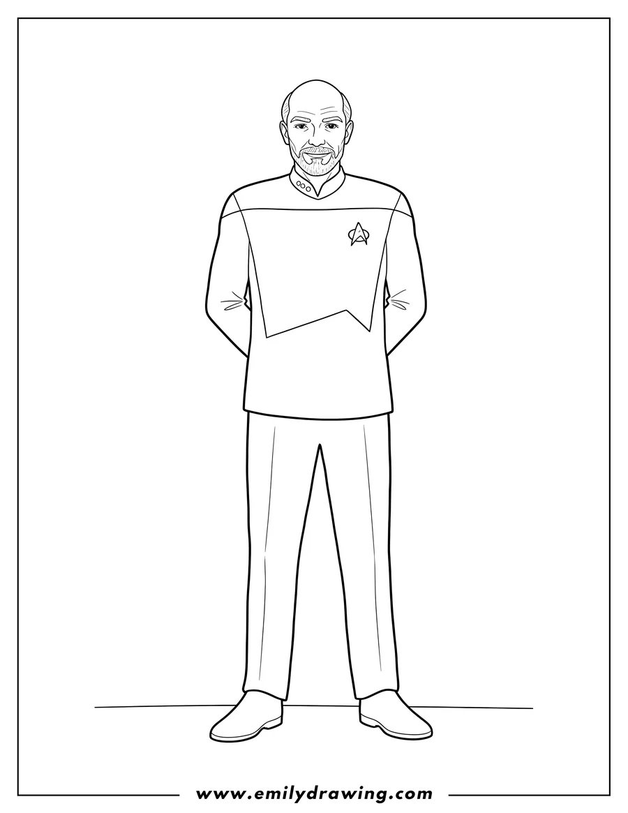 Coloring page of realistic Jean Luc Picard Star Trek standing in uniform