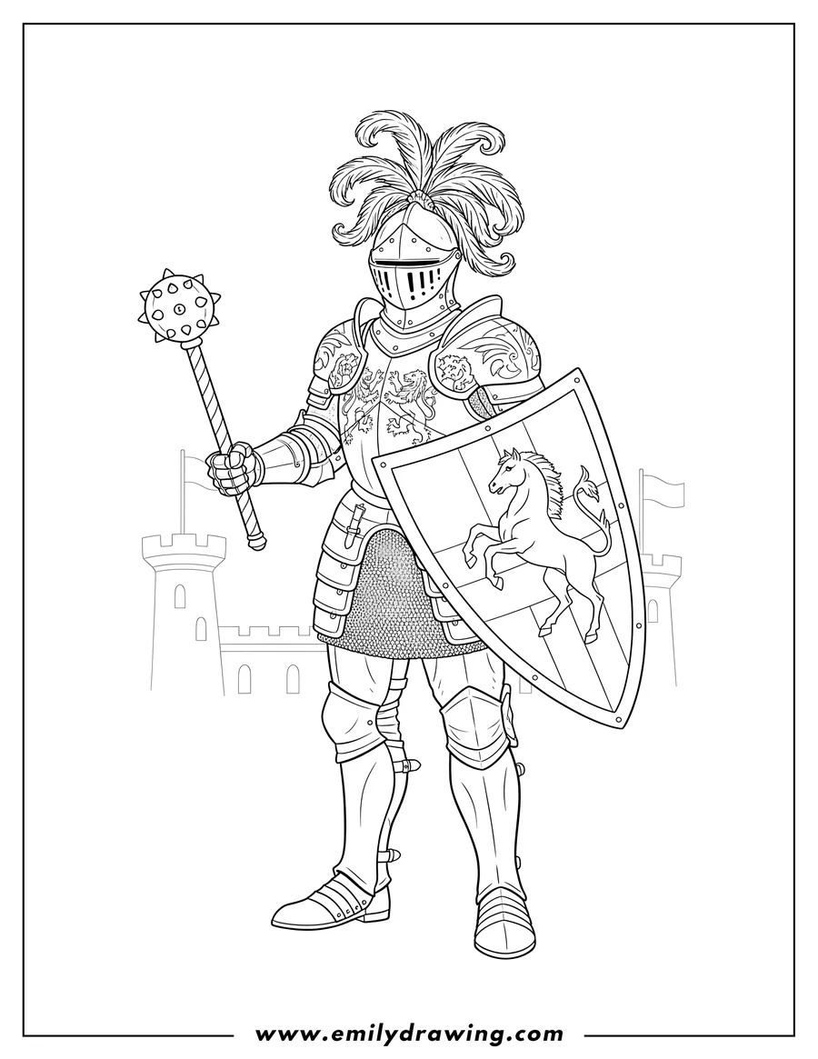 Coloring page for kids: realistic Knight Full Armor, holding a mace and shield