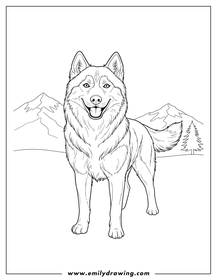 Free to print drawing of realistic Looking Siberian Husky standing, smiling