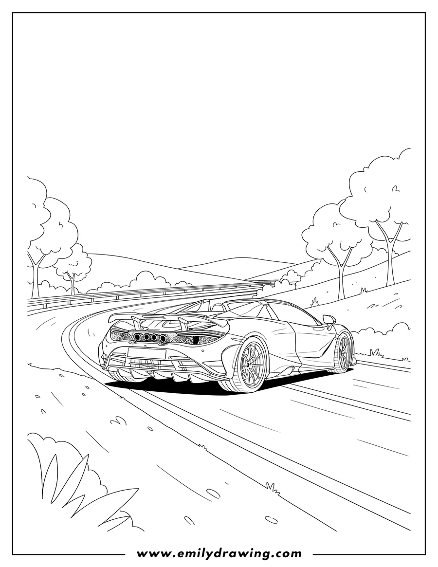 Coloring page for kids: realistic McLaren 765Lt convertible speeding from behind on a winding road