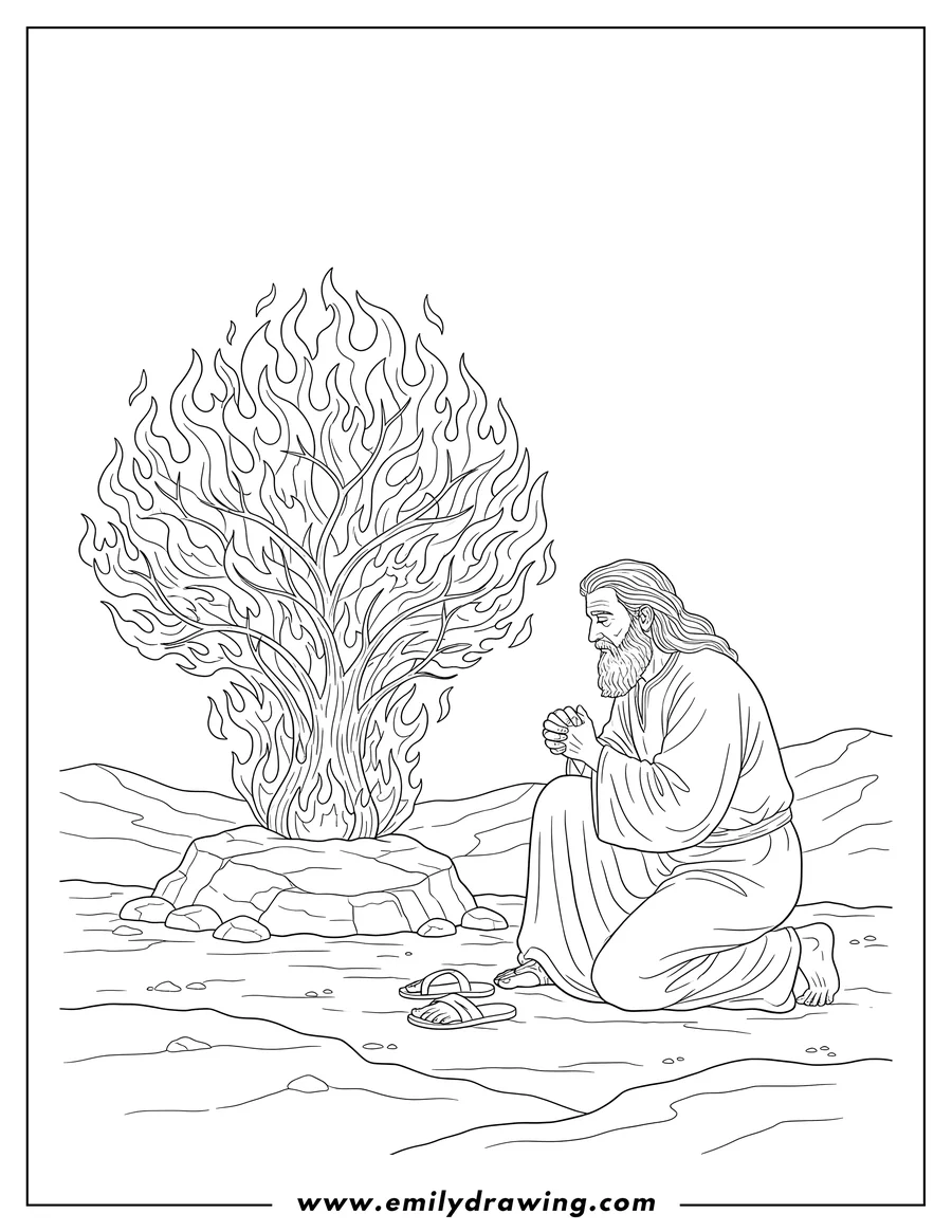 Coloring page for kids: realistic Moses kneeling with sandals off before the Burning Bush