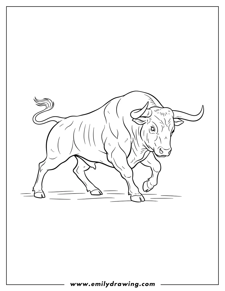 Coloring page for kids: realistic Outline Fighting Bull, charging forward with a raised front leg