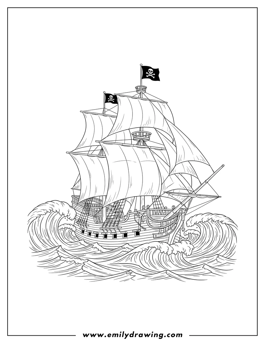 Clean line drawing: realistic Pirate Ship With Large Waves At Side, flying Jolly Roger flags and billowing sails