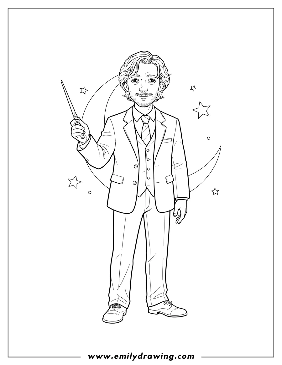 Linear illustration of realistic Remus Lupin holding a wand and with a mustache