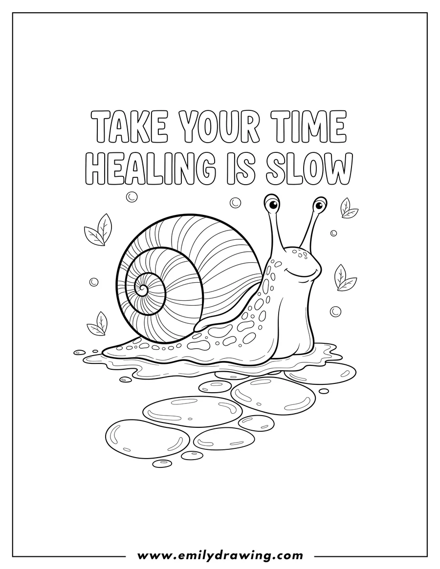 Doodle style coloring picture of take Your Time Healing Is Slow as an encouraging message, with a realistic snail crawling