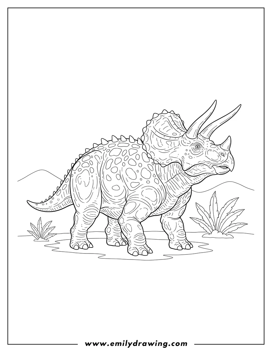 Downloadable coloring page of realistic Triceratops Scaled standing with spikes on its back