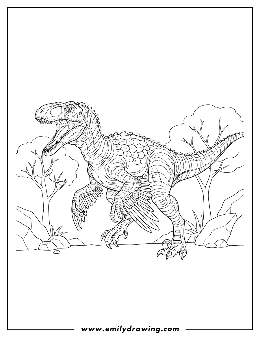 Coloring page for kids: realistic Velociraptor Scaled, walking with open mouth