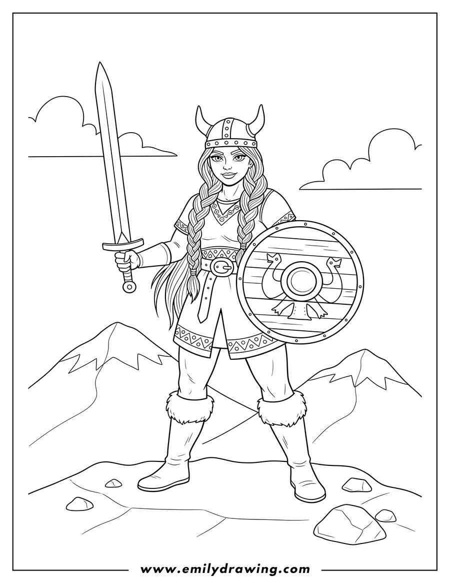 High quality printable realistic Woman Viking standing with braided hair, holding a round shield and sword, in mountains for coloring