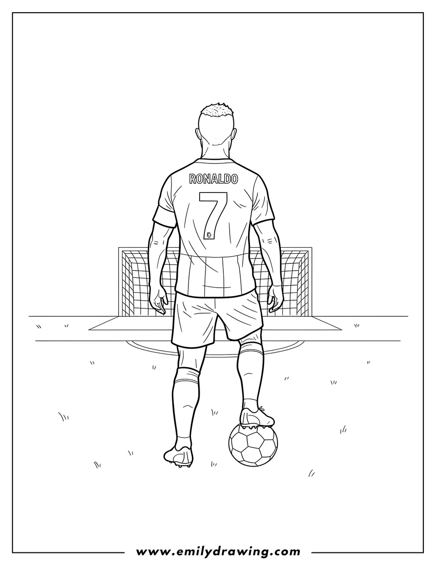 Downloadable coloring page of ronaldo standing from behind, wearing his number 7 jersey, with a soccer ball at his feet