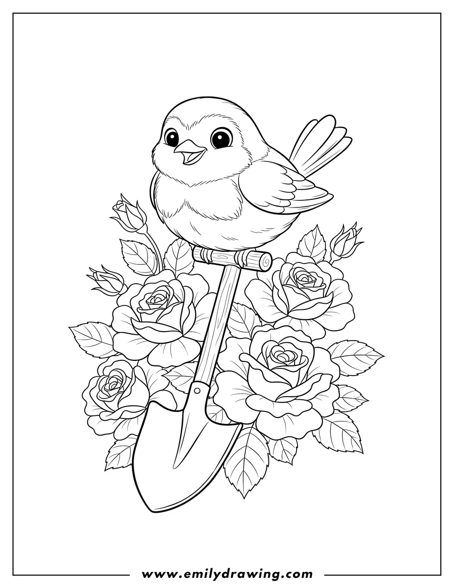 Vector style outline of robin perched on the handle of a leaning garden shovel, surrounded by blooming roses and rosebuds