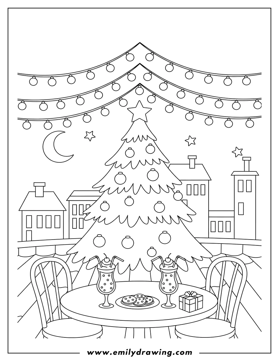 Vector style outline of rooftop Dining With Festive Drinks, a Christmas Tree, And Christmas Lights Overhead