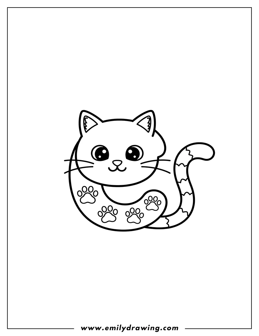 Black and white line art of rounded Letter C With Cute Cat Ears And Whiskers, a smiling face, a tail, and paw prints inside the letter
