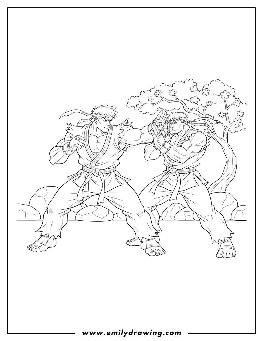 High quality printable street Fighter Ryu punching, Ken Masters blocking for coloring