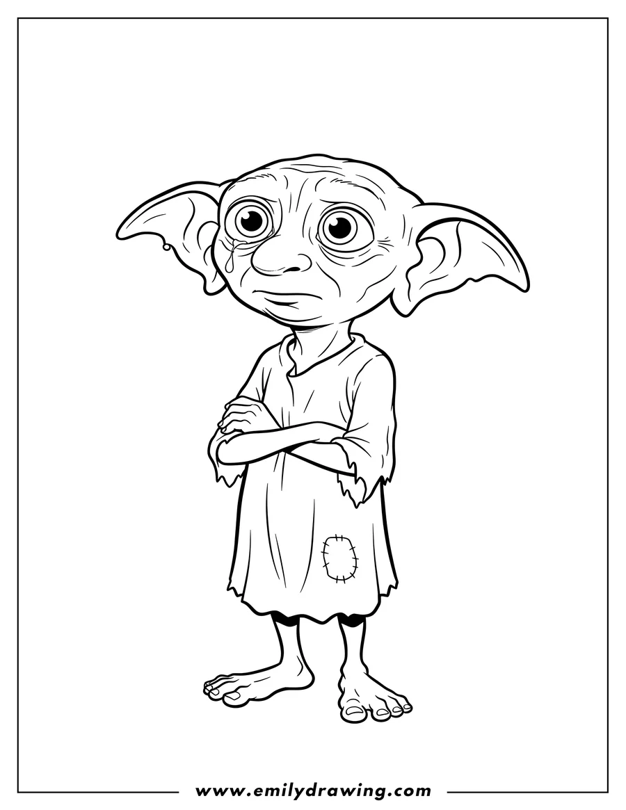 Coloring page for kids: close Up Sad Dobby With Arms Crossed, looking up, wearing a simple tunic