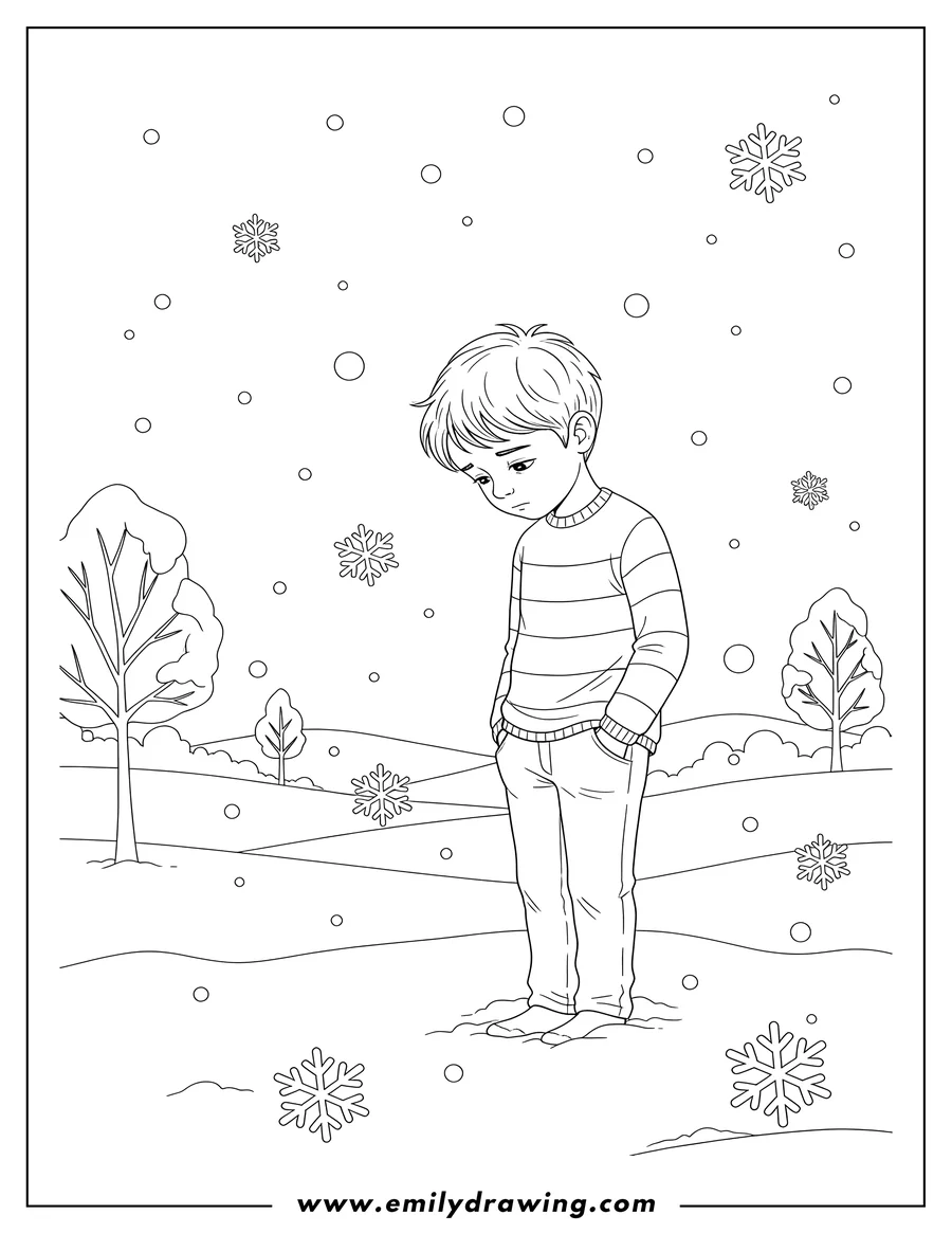 Coloring page of sad lonely boy with a striped long shirt, standing in snow