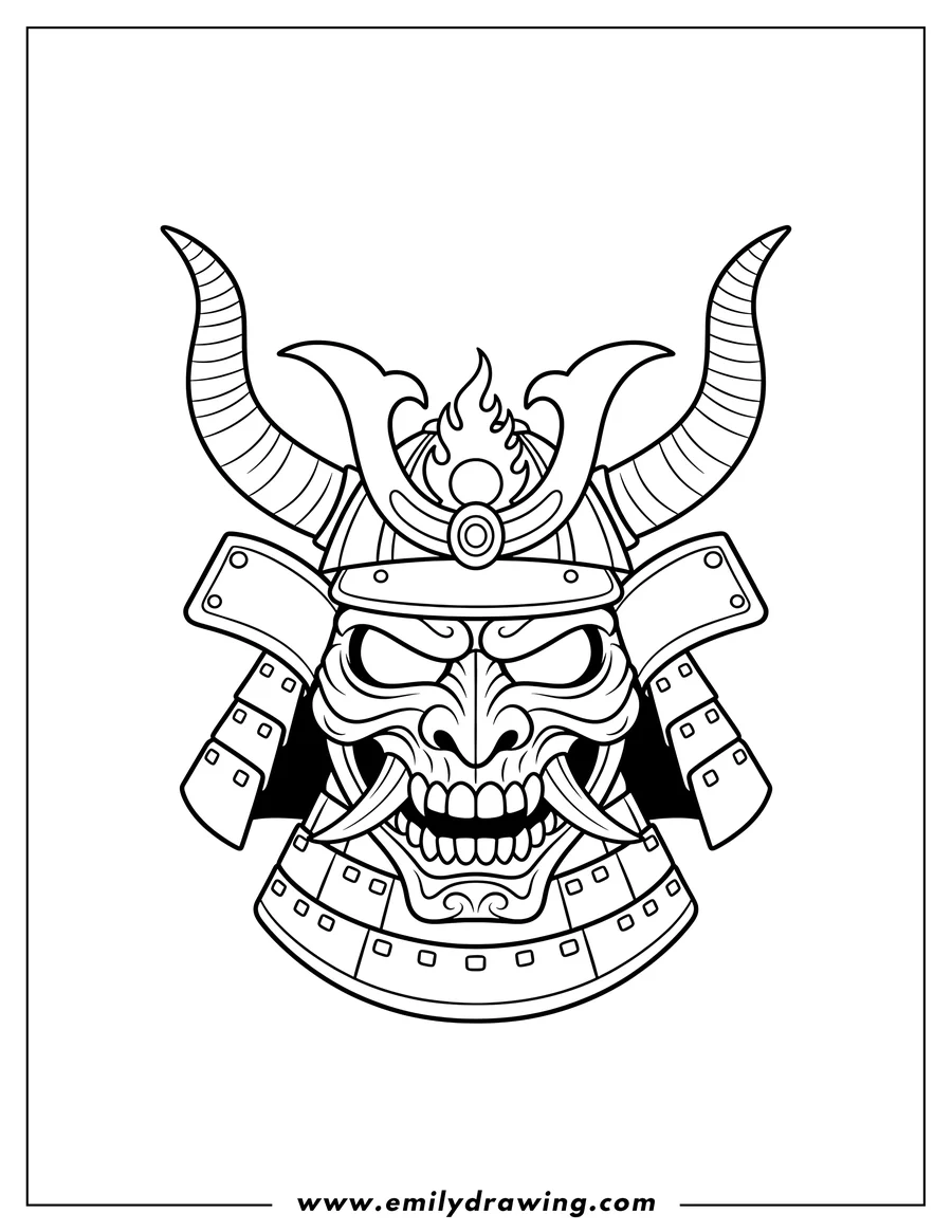Black and white line art of samurai Mempo Mask With Helmet, featuring horns, a skull, and bared teeth