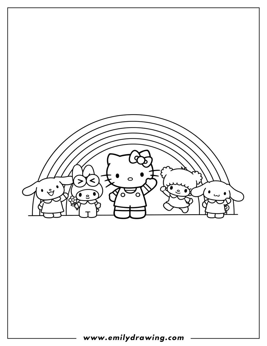 Printable line art of sanrio Friends standing together, some waving, in front of a rainbow