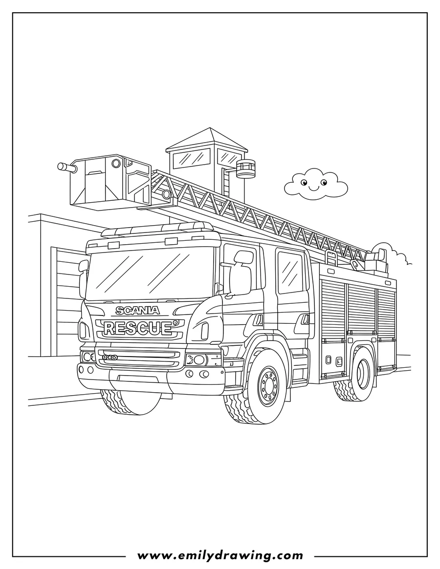 Free to print drawing of scania Fire Engine coloring page with RESCUE text on the front