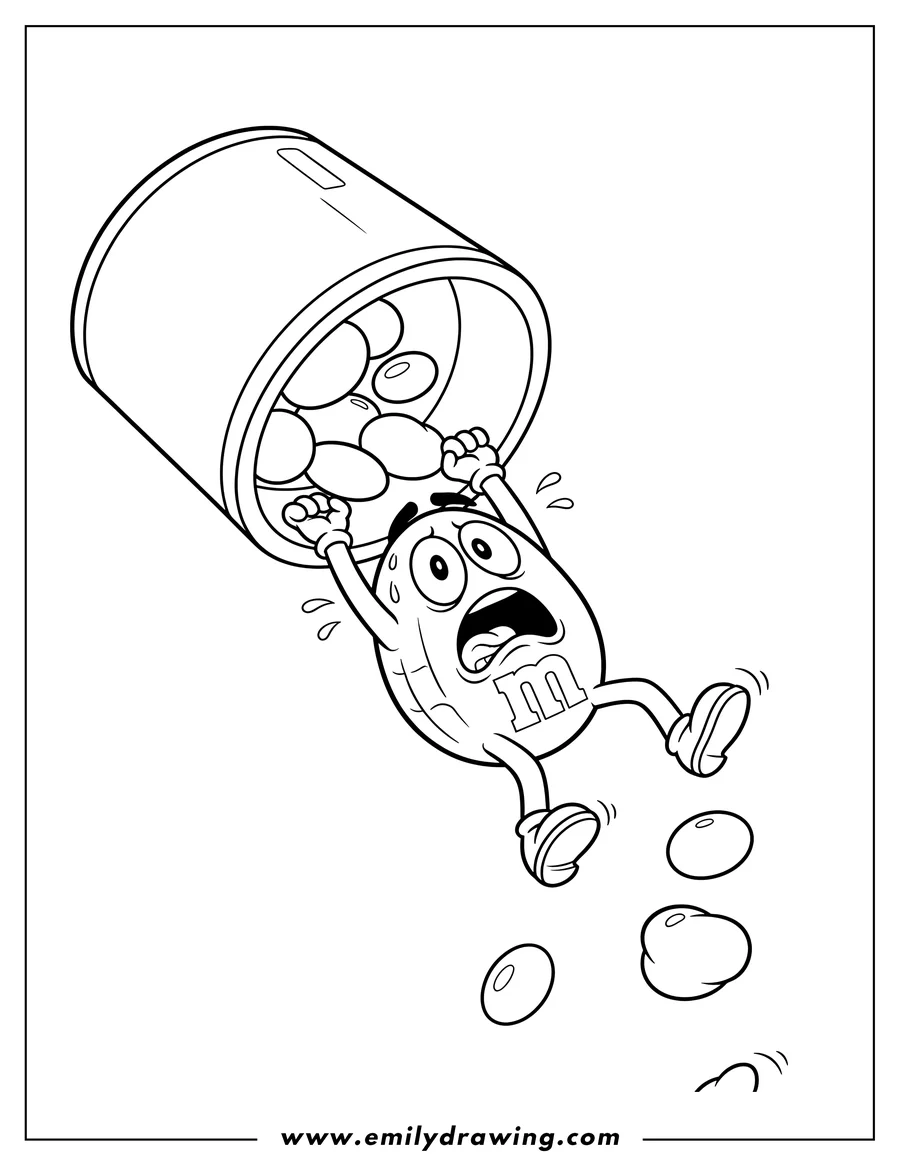 Printable line art of scared Yellow M&M character falling from a candy container, clutching the edge