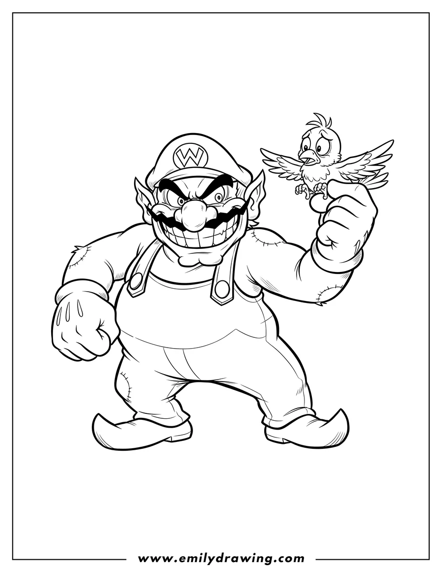 PDF style coloring page: scary Wario grinning wickedly, holding a distressed small bird