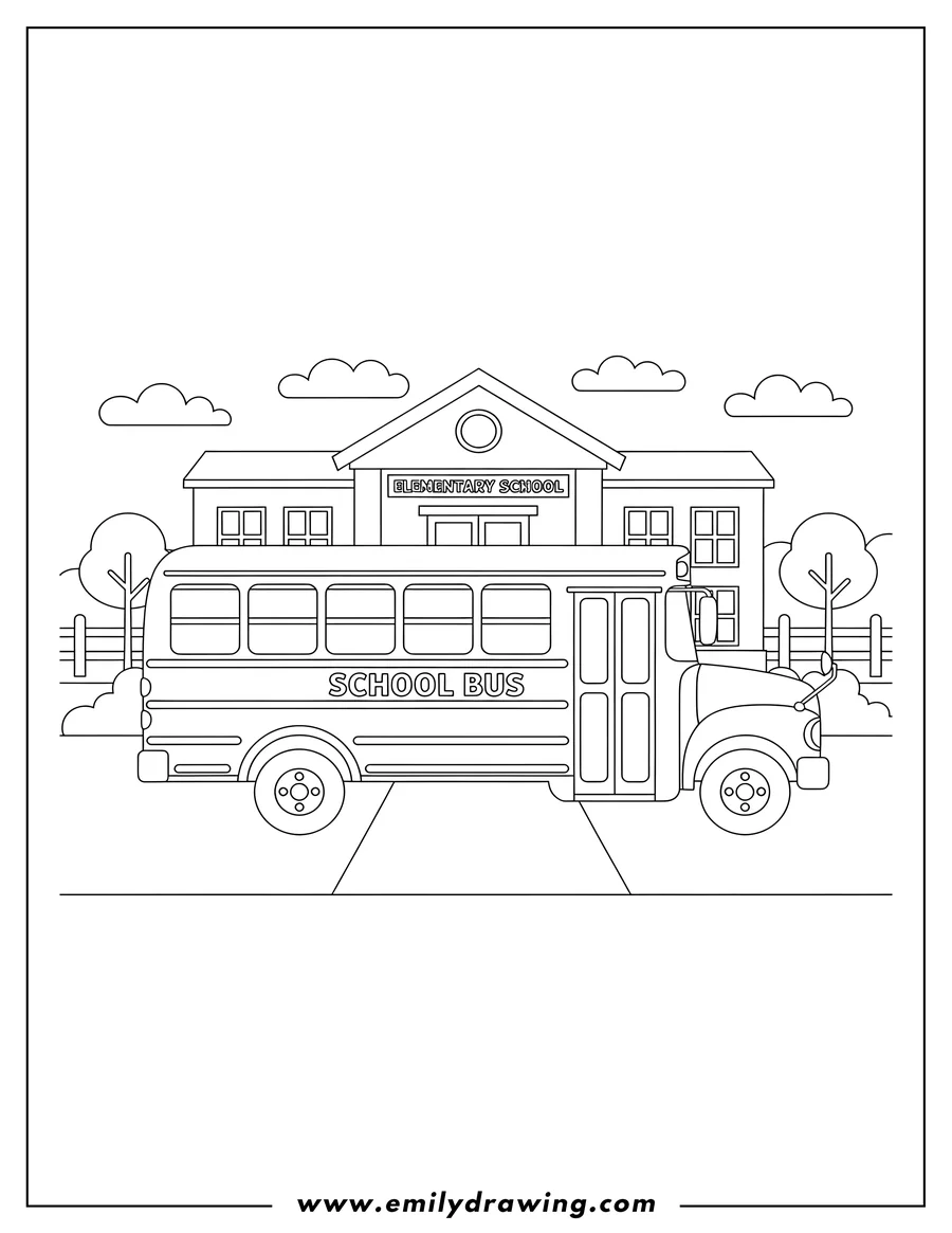 Simple sketch of school Bus in front of Elementary School with 'SCHOOL BUS' written on its side to color