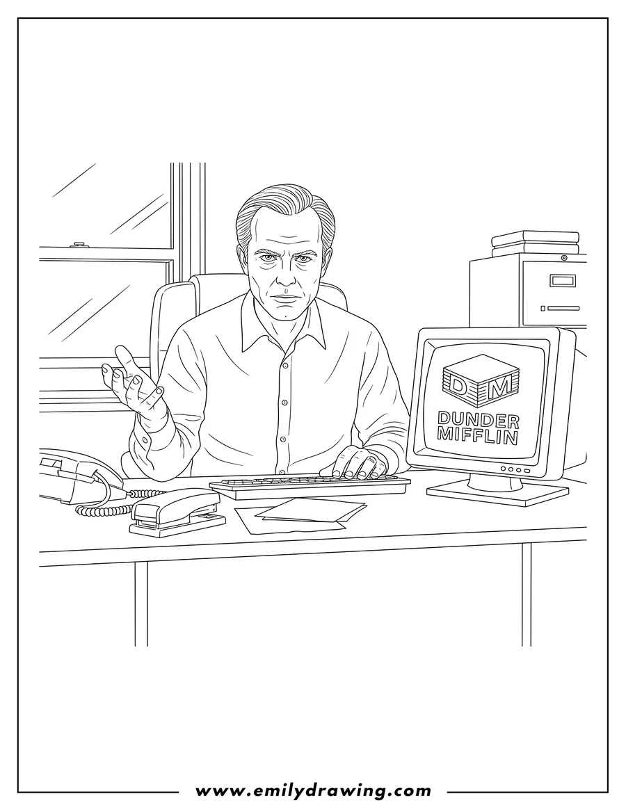 Full page coloring image of serious Creed Bratton at his desk, looking forward, with a raised hand and the Dunder Mifflin logo on his computer screen