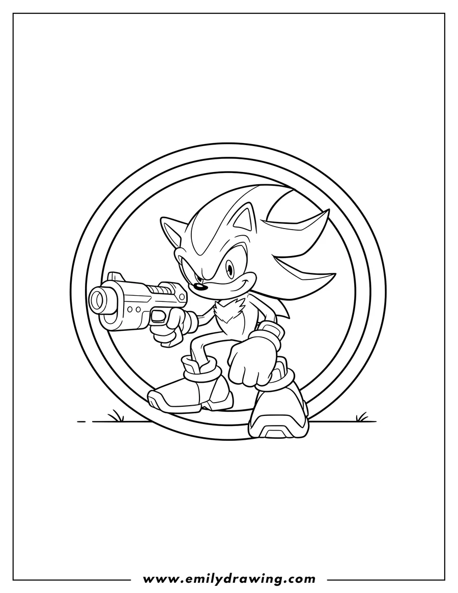 Coloring sheet featuring shadow the Hedgehog crouching inside a ring, holding a ray gun
