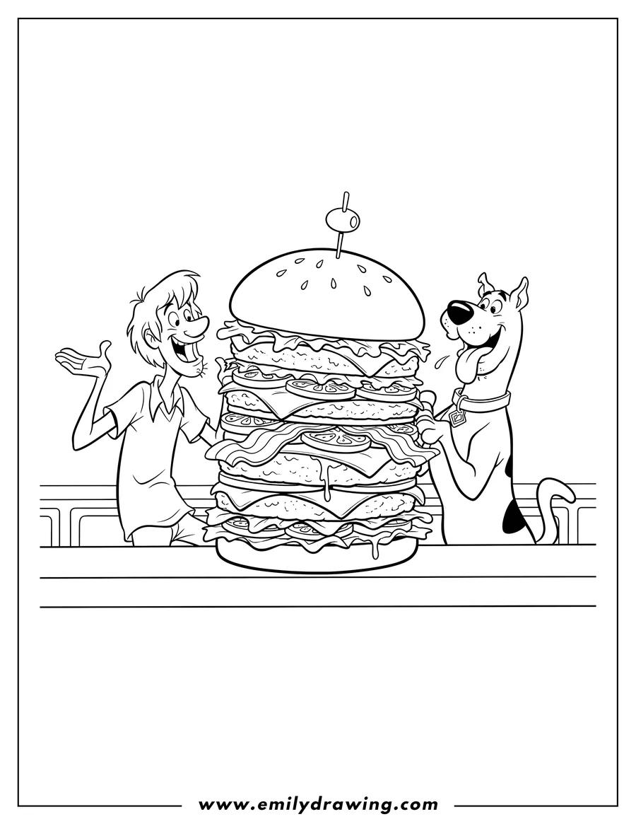 Free to print drawing of shaggy and Scooby Doo looking excitedly at a giant, multi-layered burger, with Scooby's tongue hanging out